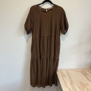 Everlane The Tiered Eyelet Midi Dress Puff Sleeves Womens Sz M Lined Pockets